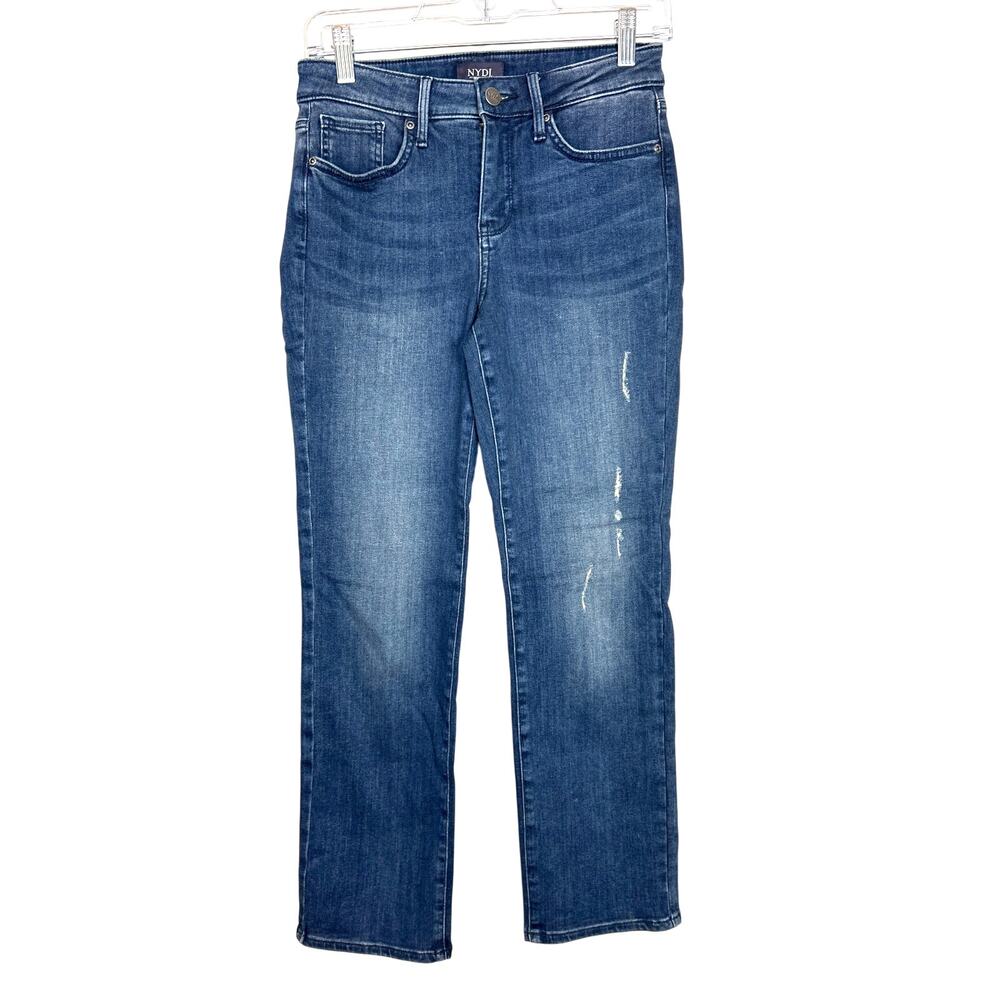 NYDJ Sherri Slim Womens 2 Medium Wash Distressed Denim Jeans Casual Stretch